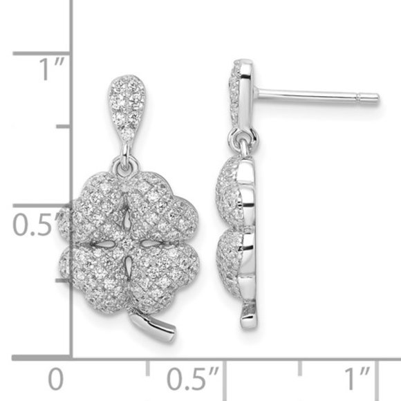 925 Sterling Silver & CZ Brilliant Embers 4-Leaf Clover Dangle Post Earrings - Picture 2 of 3